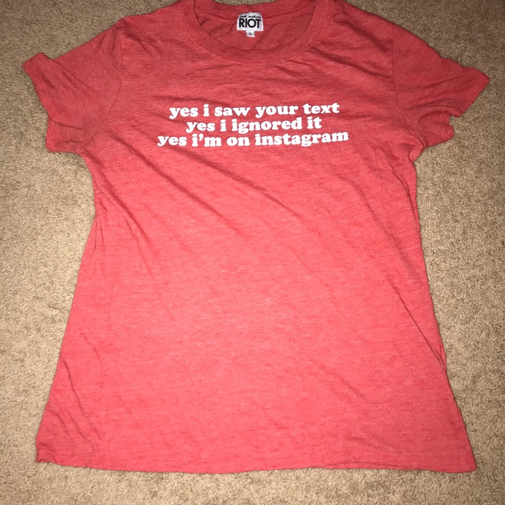 Red t shirt with writing